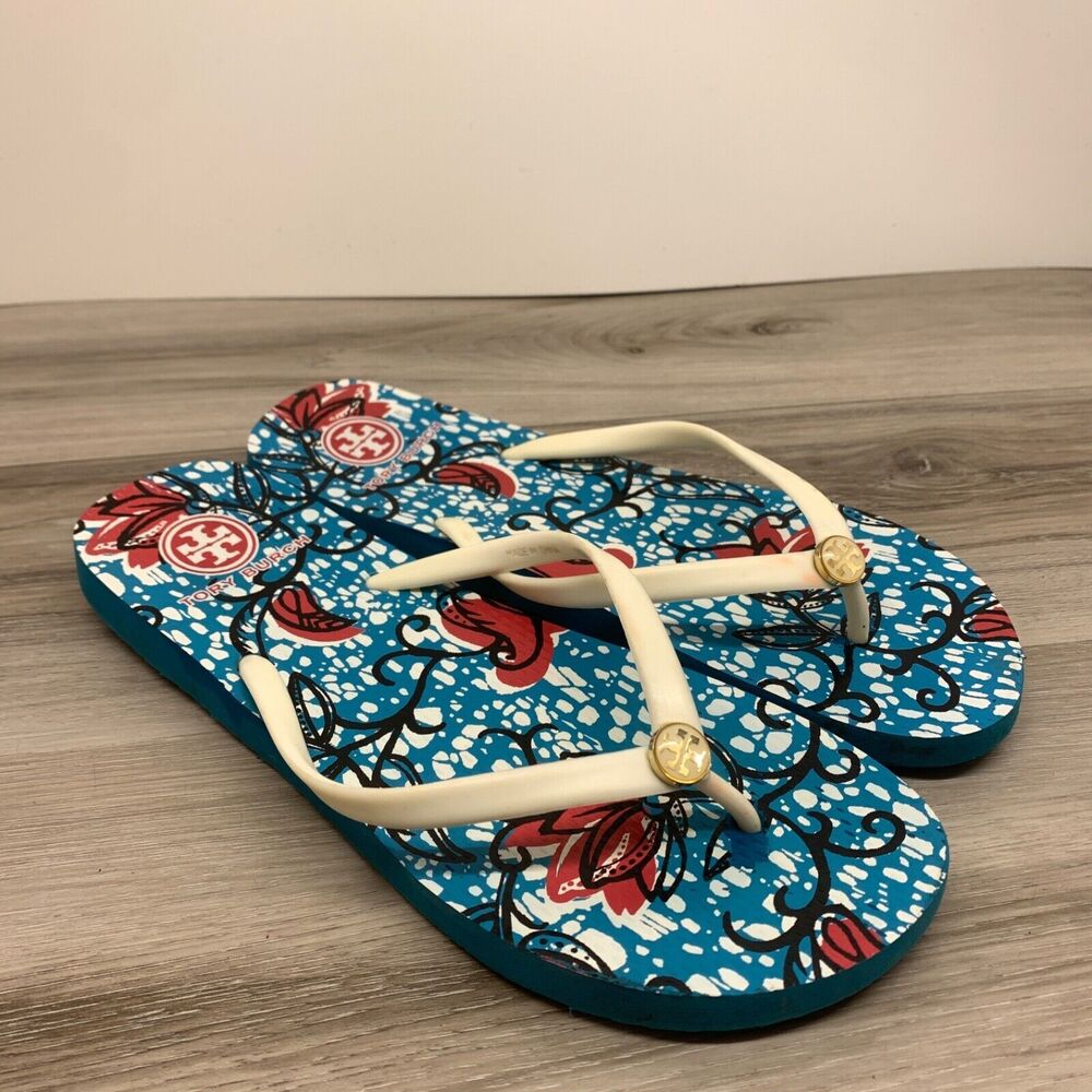 Tory Burch Blue White Jelly Multicolor Flip Flops‎ Thongs Sandals Size 9